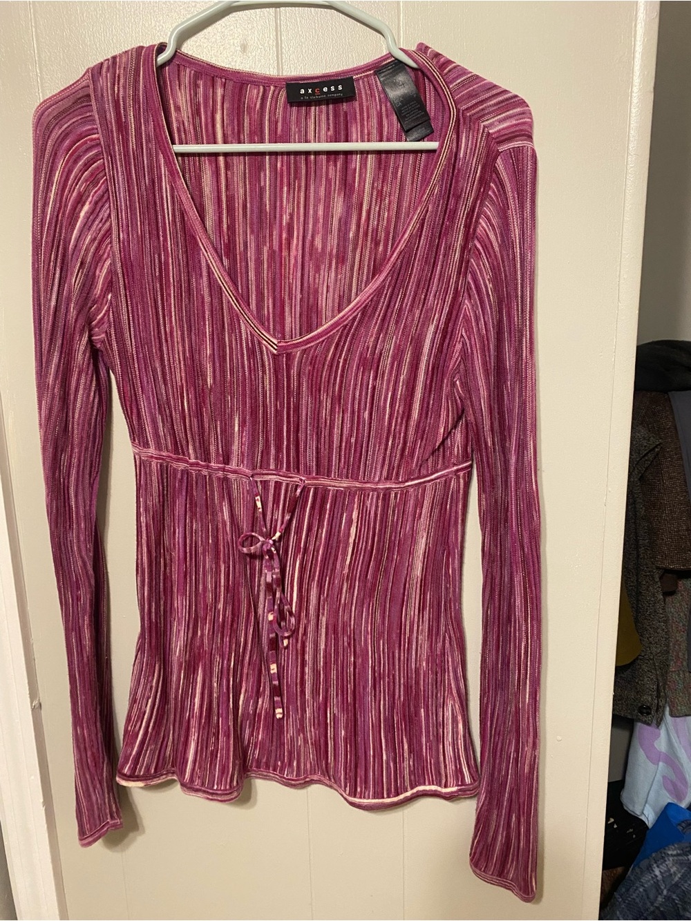 axcess Pink Striped V-Neck Long Sleeve Tie-Waist Top